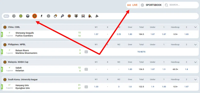 Place a bet on basketball in live mode
