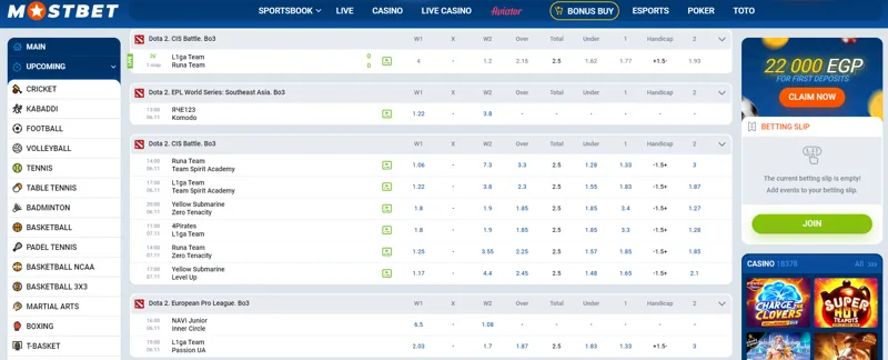 Dota 2 betting at MostBet