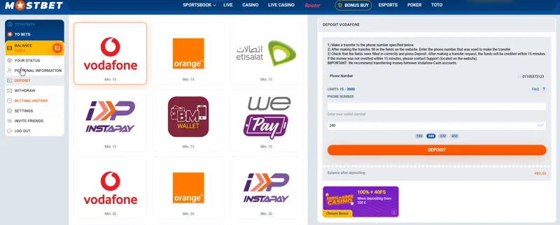 Payment system options for depositing into MostBet game accounts for Egyptian players