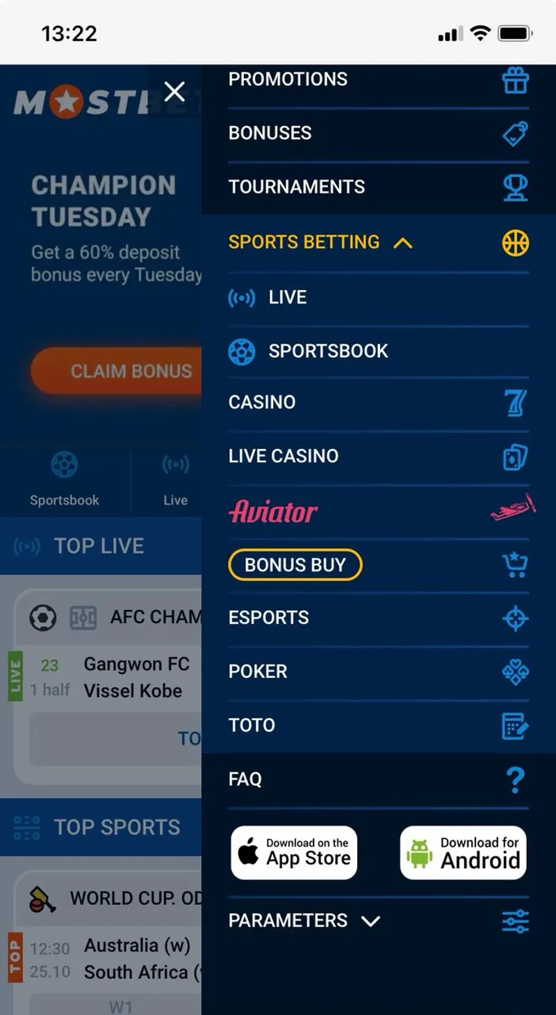 Download the app for Android and iOS from the MostBet mobile website