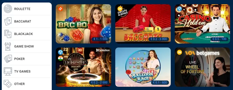 Variety of games at MostBet live casino