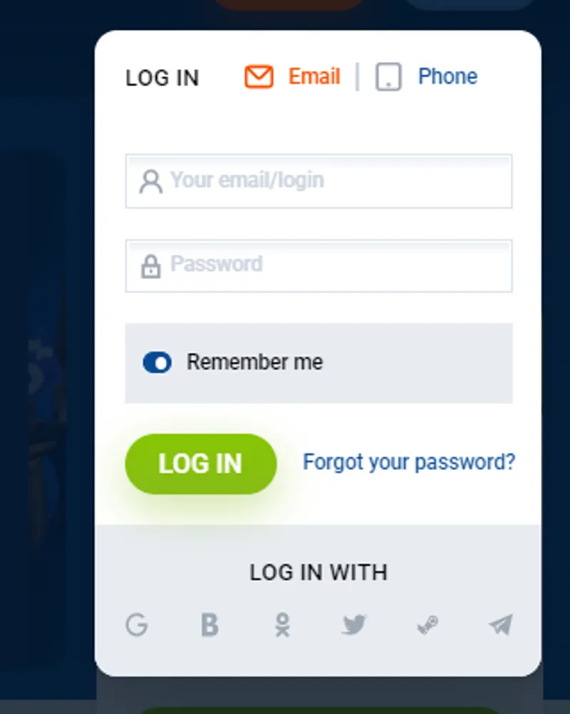 Login form for the MostBet website