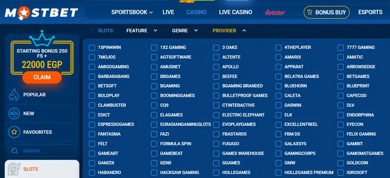 Slot providers on MostBet website
