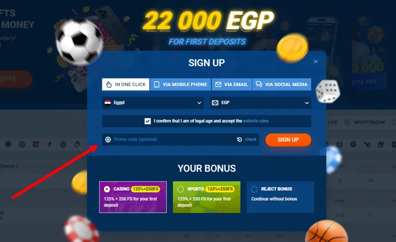 Entering a promo code when registering on the MostBet website