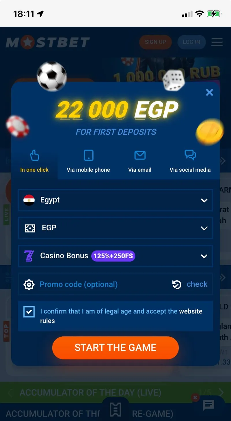 MostBet registration form via the mobile website