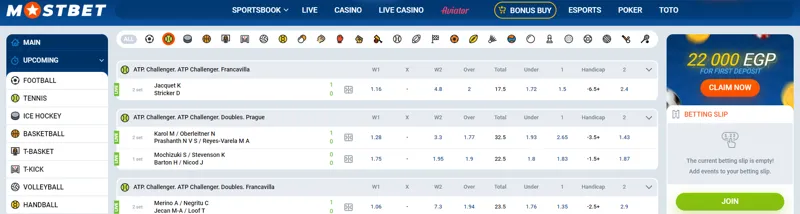 Tennis betting options at MostBet bookmaker